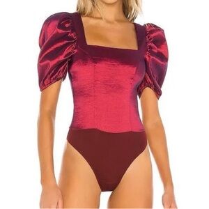 MAJORELLE Cruz Bodysuit In Wine Burgundy Puff Sleeve Top Size Small